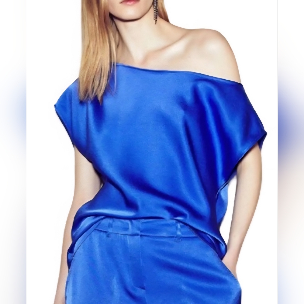 NWT MARELLA Women's Asymmetric Boat Neck Top:Color-Cornflower Blue: Size- 14